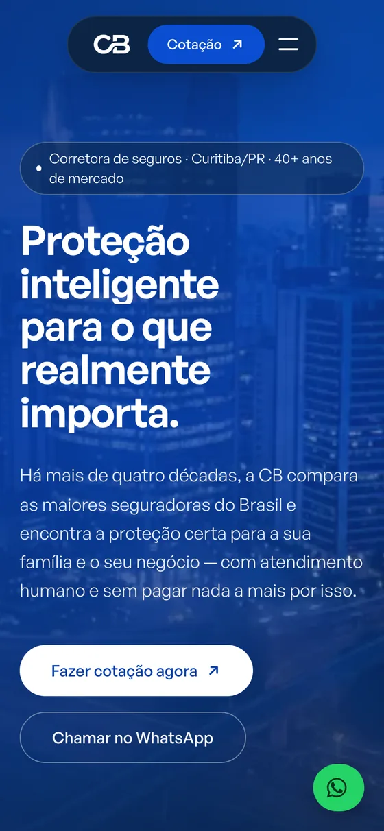 Site novo no celular: menu flutuante com botão de cotação, título grande e dois botões