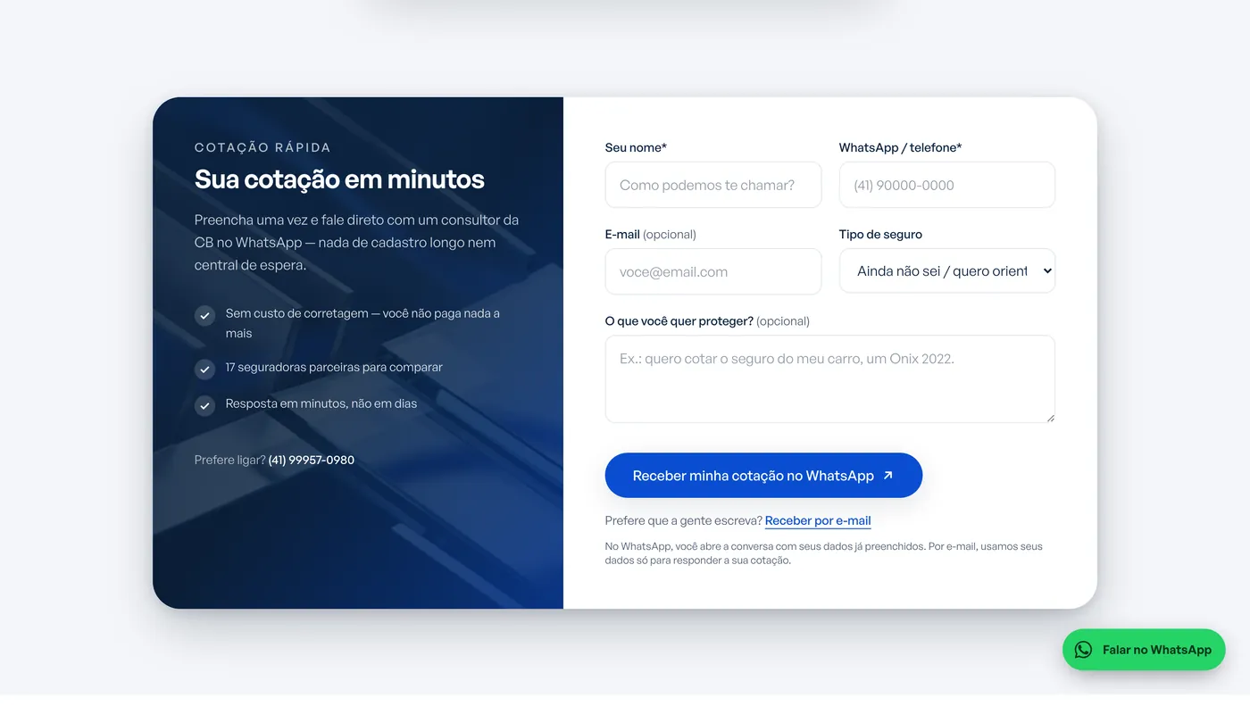 Formulário 'Sua cotação em minutos' do site novo, com nome, WhatsApp, e-mail opcional, tipo de seguro e o botão 'Receber minha cotação no WhatsApp'