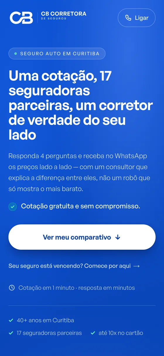 Página de anúncio de seguro auto: 'Uma cotação, 17 seguradoras parceiras, um corretor de verdade do seu lado'