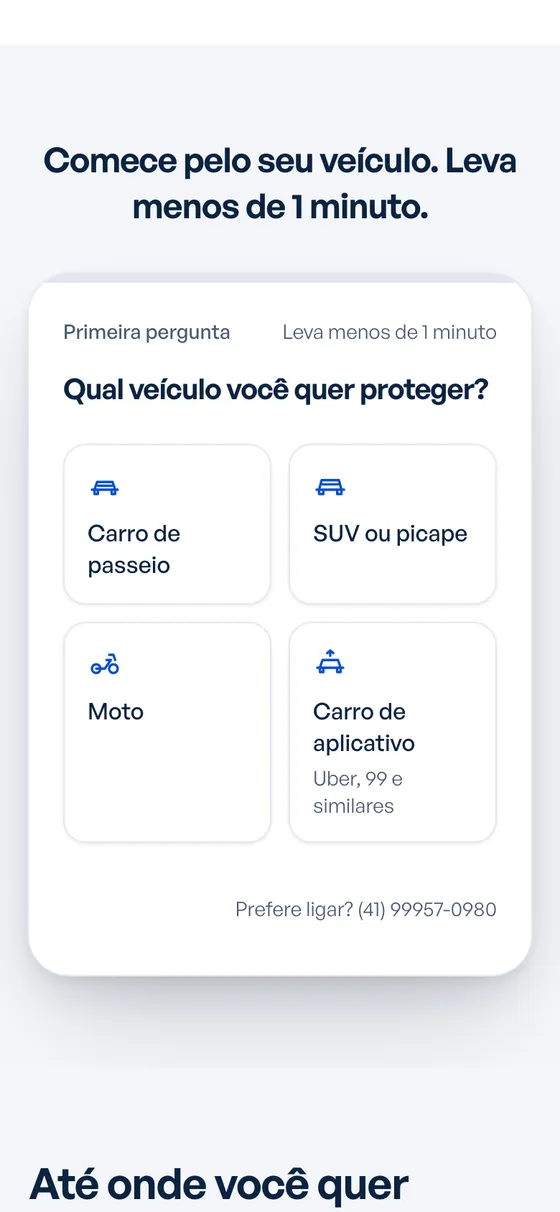 Quiz da página de anúncio com a pergunta 'Qual veículo você quer proteger?' e opções carro de passeio, SUV, moto e carro de aplicativo