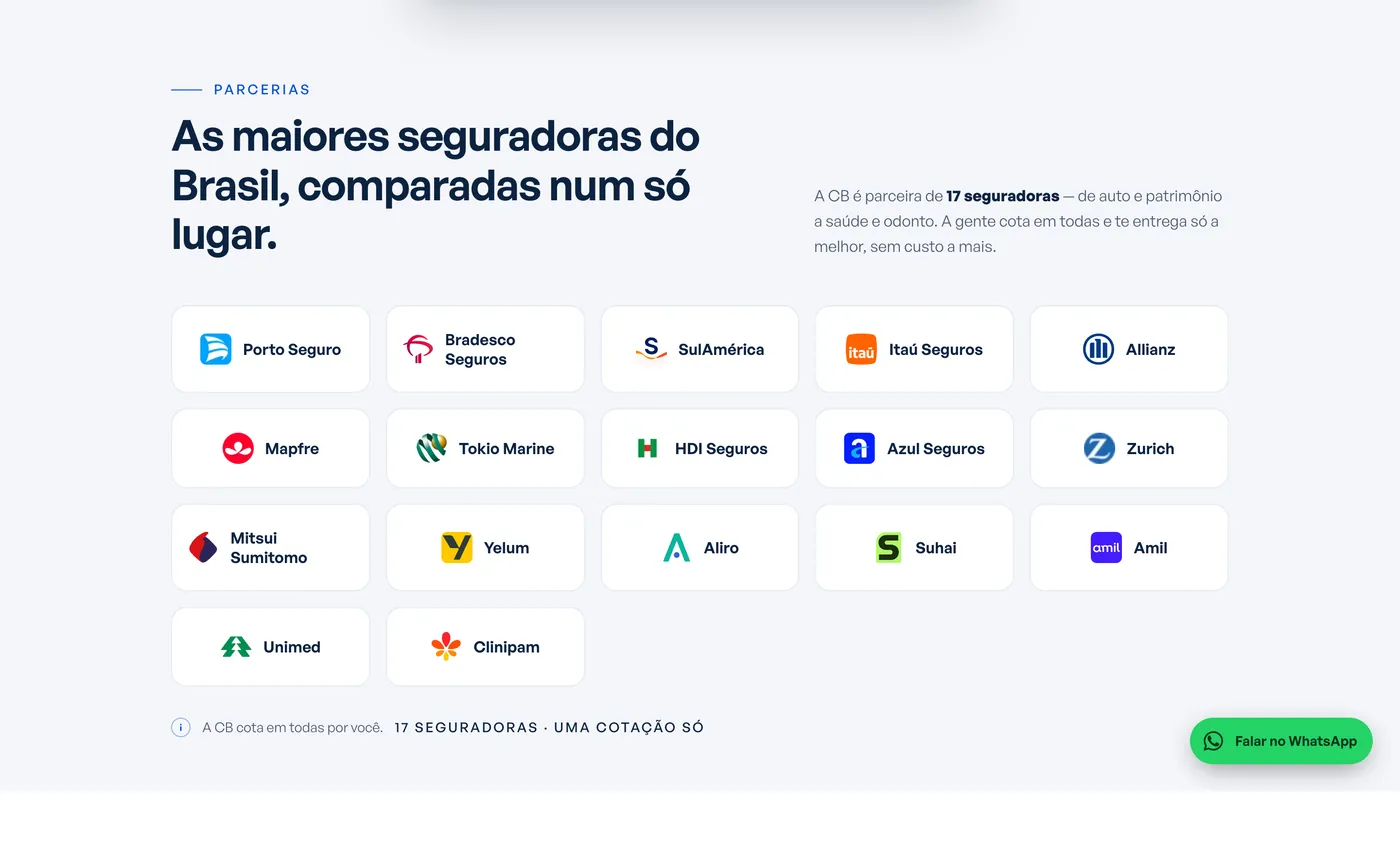 Seção 'As maiores seguradoras do Brasil, comparadas num só lugar' com os logos das 17 seguradoras parceiras